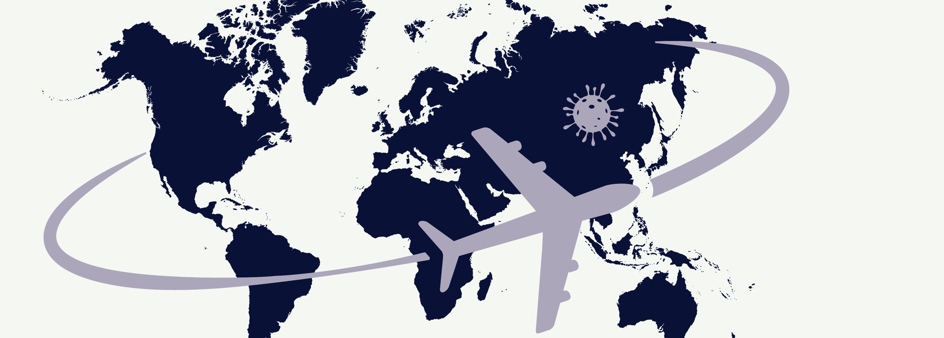 Weltkarte mit herumfliegendem Flugzeug und einem Virus in Asien